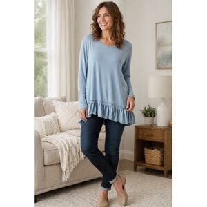 LOGO Lori Goldstein Blue Slub Knit Lagenlook Top Pleated Hem Hi Low Large